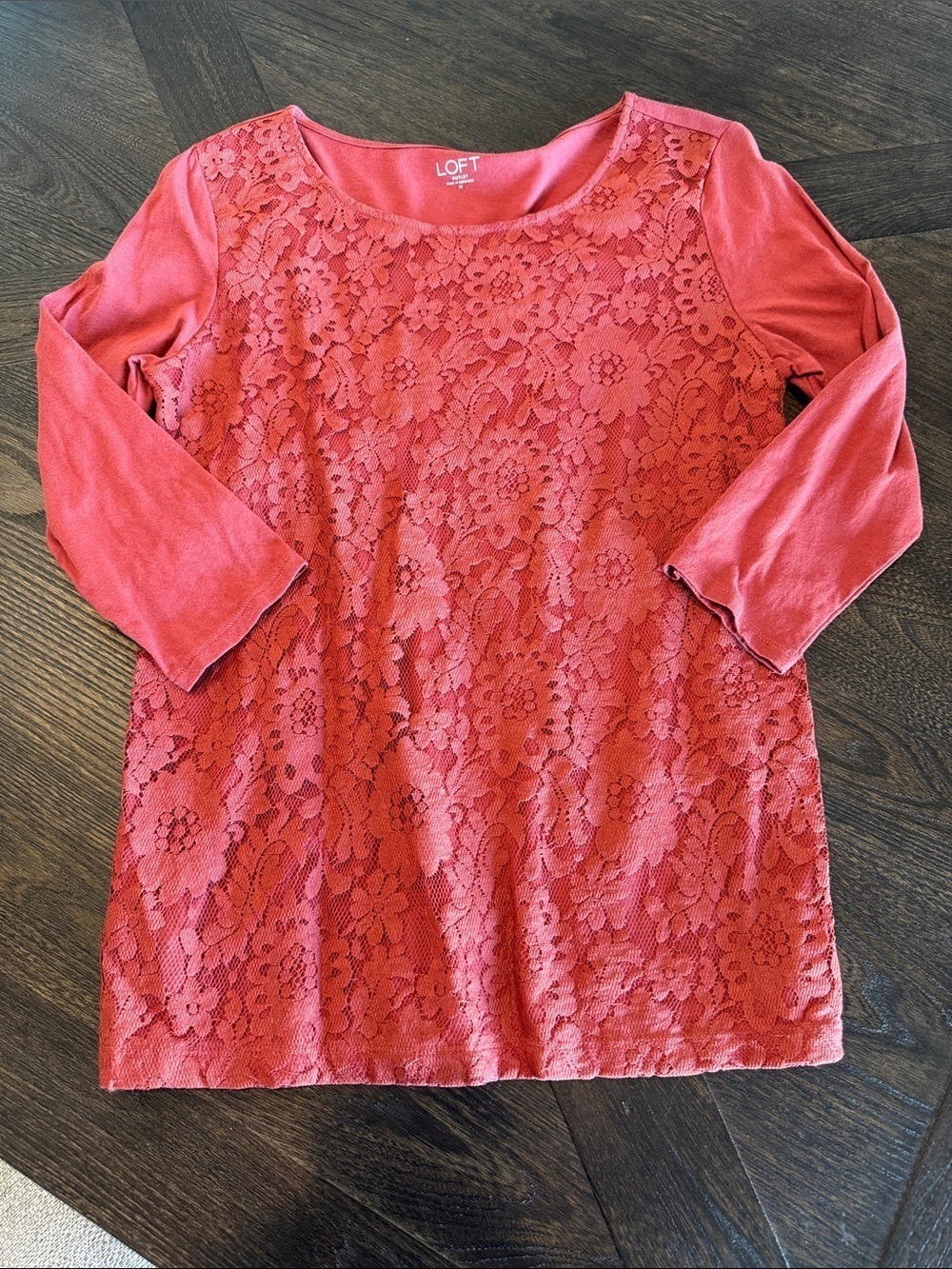 LOFT Coral/Orange Lace Front Long Sleeve Tee